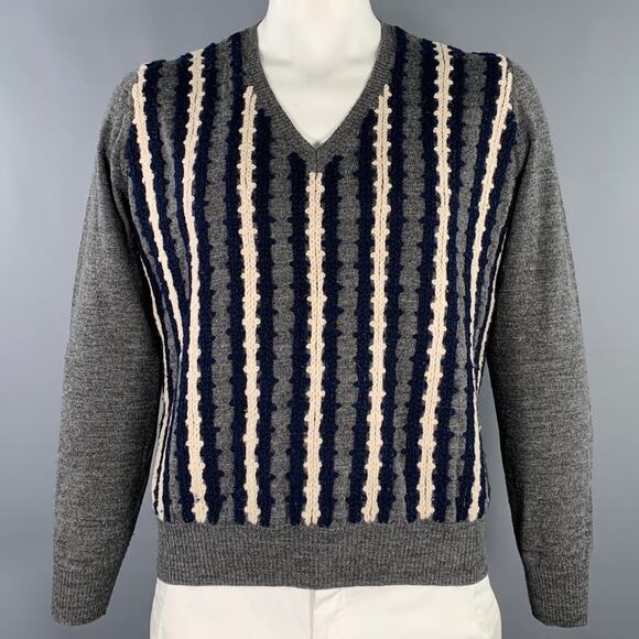DRIES VAN NOTEN Size XL Grey Navy Cream Stripe Wool V-Neck Pullover - Picture 1 of 7